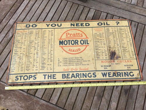 1938 PRATTS motor oil grade chart c1930 For Sale