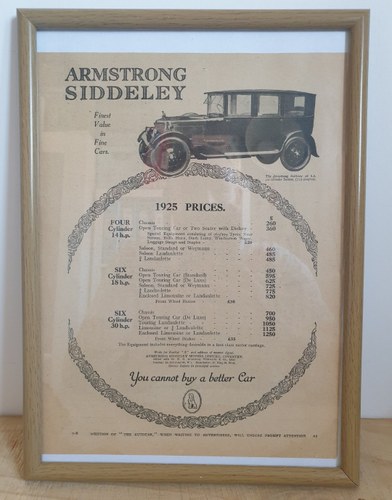 1973 Original 1924 Armstrong-Siddeley Framed Advert  For Sale