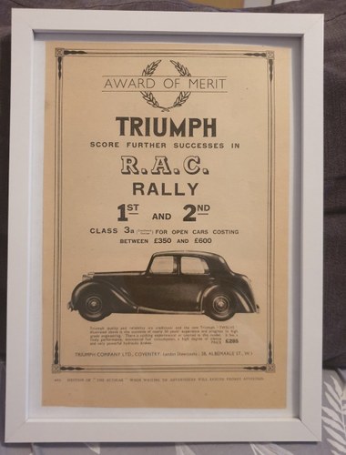 1984 Original 1939 Triumph Twelve Framed Advert  In vendita