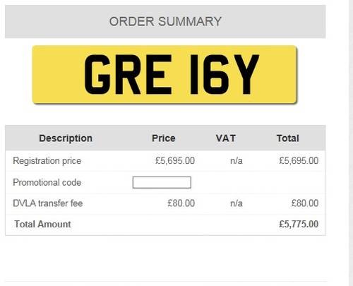 GRE 16Y Cherished Number plate. Greg Greig Gregg. For Sale