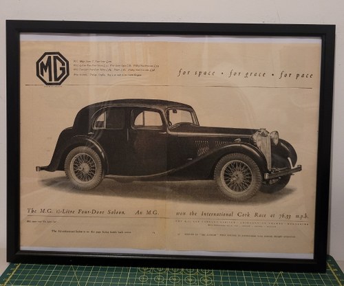 1959 Original 1937 M.G 1 1/2 Litre Framed Advert For Sale
