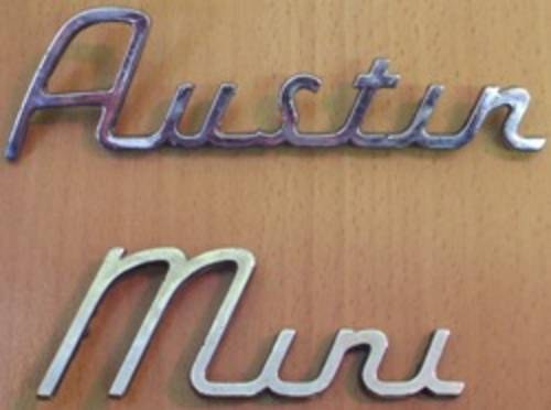 Austin Mini chrome script  badge. SOLD