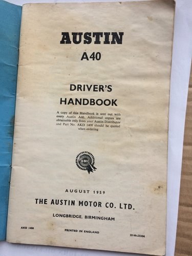 1959 Driver’s handbook for Austin A40 SOLD