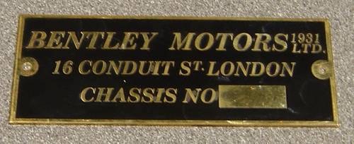 1930 Bentley chassis plate NOS For Sale