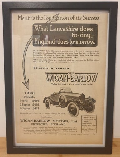 1980 Original 1922 Wigan-Barlow Framed Advert  For Sale