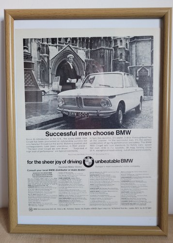 Original 1968 BMW 1600 Framed Advert For Sale