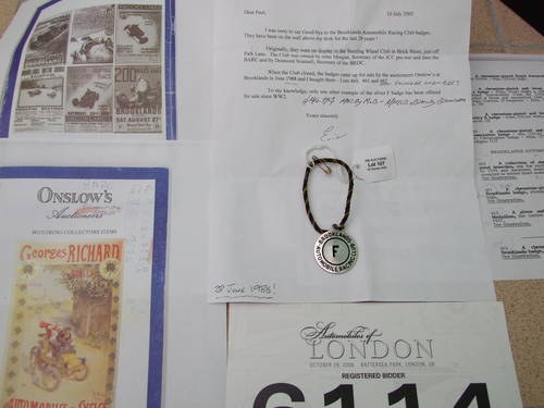 1907 BROOKLANDS COLLECTION OF MEMBERS BADGES & BROOCHES SOLD