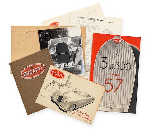 Three pre-War Bugatti sales brochures and related ephemera, For Sale by Auction