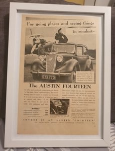 1962 Original 1939 Austin Fourteen Framed Advert  For Sale