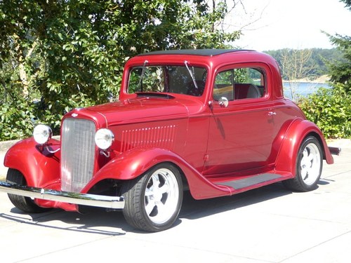 1933 Chevy Coupe = Custom Mods V-8 Red driver Auto $36.5k For Sale
