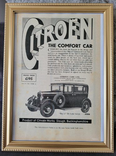1949 Original 1932 Citroen Big 12 Framed Advert For Sale