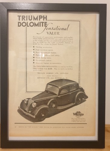 1961 Original 1937 Triumph Dolomite Framed Advert  In vendita