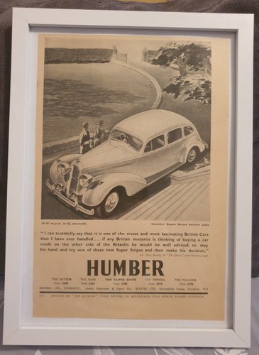 1984 Original 1939 Humber Super Snipe Framed Advert  For Sale