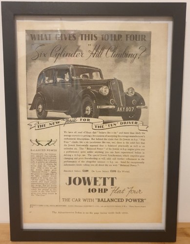 1963 Original 1937 Jowett 10 H.P. Framed Advert For Sale