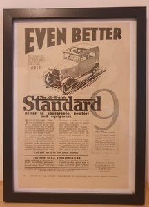 1965 Original 1928 Standard Nine Framed Advert  For Sale