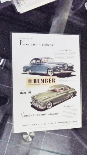 1953 HUMBER SUPERSNIPE AND HAWK PICTURE AND ADVERTISING SLOGAN In vendita