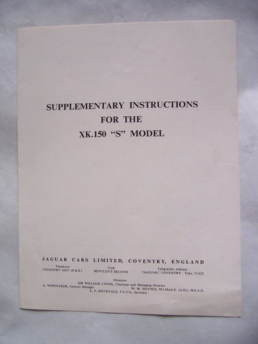 1958 SUPPLEMENTARY INSTRUCTIONS FOR THE XK.150 SOLD