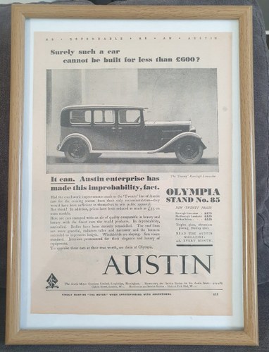 1953 Original 1930 Austin Twenty Framed Advert For Sale