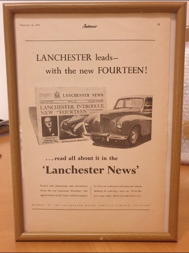 1951 Original Lanchester 14 Framed Advert For Sale