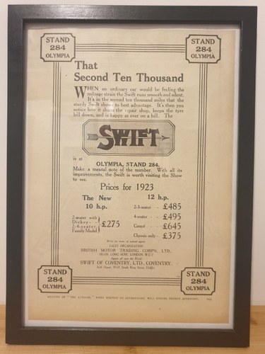 1988 Original 1922 Swift Cars Framed Advert  For Sale