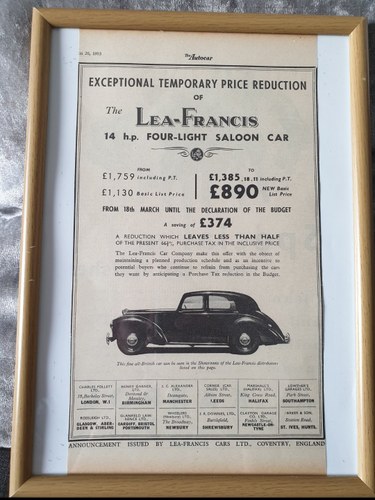 Original 1953 Lea-Francis Framed advert VENDUTO