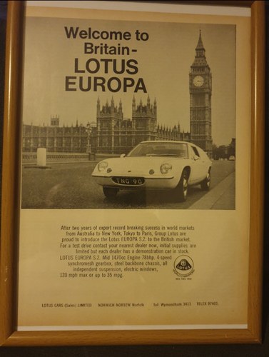1969 Original Lotus Europa Advert VENDUTO