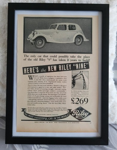 1979 Original 1935 Riley Nine Framed Advert For Sale