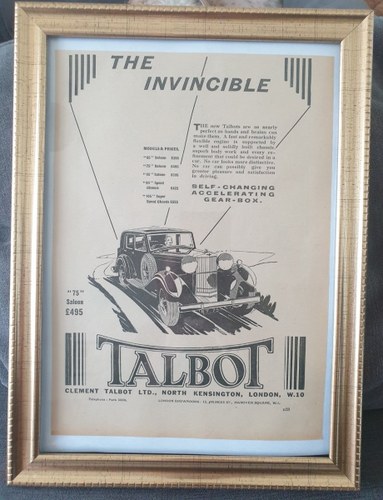 1958 Original 1933 Talbot 75 Framed Advert For Sale