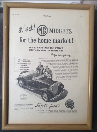 Original 1953 MG Midget Framed Advert VENDUTO