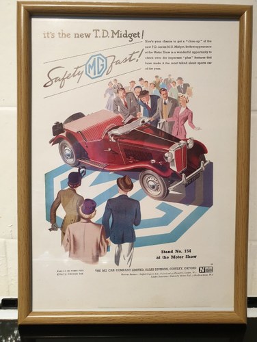 Original 1950 MG Midget Framed Advert For Sale