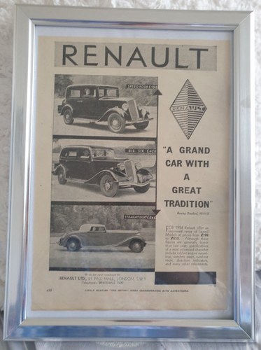 1964 Original 1933 Renault Framed Advert For Sale