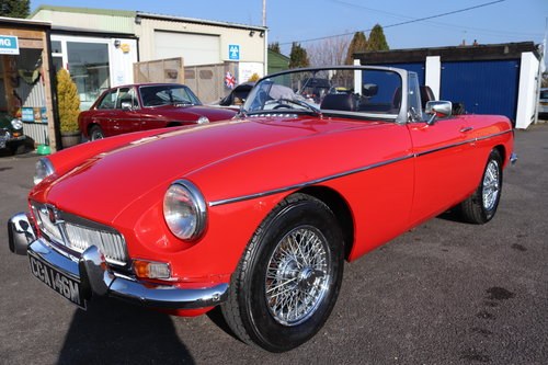 1973 MGB Roadster in flame red, show standard repaint.  SOLD