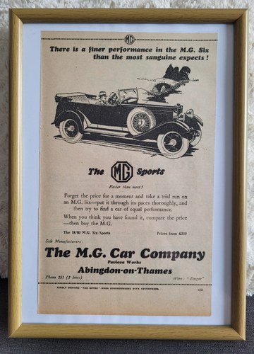 1970 Original 1929 MG Six Sports Framed Advert For Sale