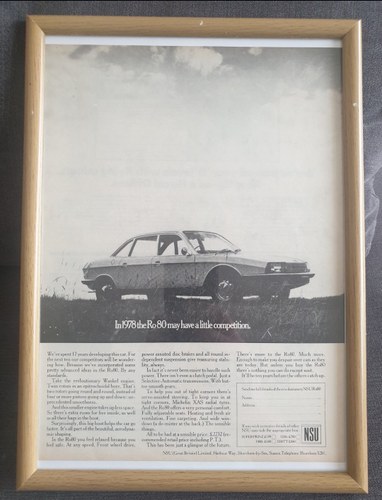 Original 1968 NSU RO80 Framed Advert For Sale