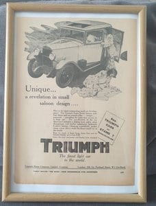 1967 Original 1931 Triumph Super Seven Framed Advert For Sale