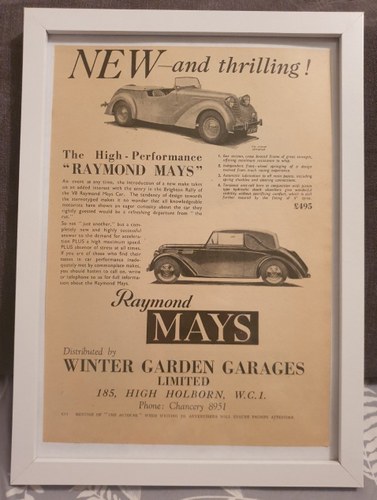1977 Original 1939 Raymond Mays Framed Advert  In vendita