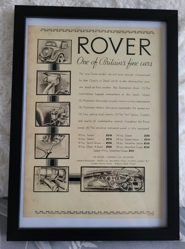 1988 Original 1935 Rover P1 Framed Advert For Sale