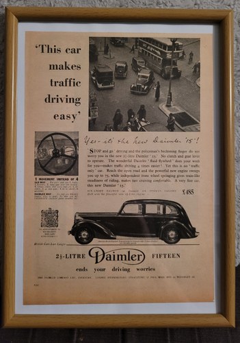1949 Original 1939 Daimler Fifteen Framed Advert For Sale