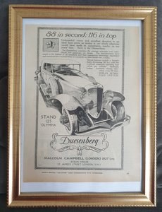 1980 Original 1929 Duesenberg Framed Advert  In vendita