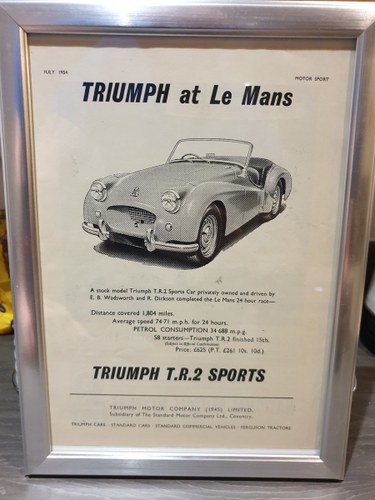 1954 Triumph TR2 Advert Original  VENDUTO