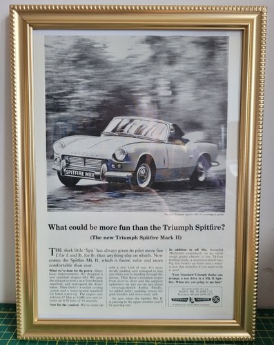 1974 Original 1965 Triumph Spitfire Framed Advert For Sale