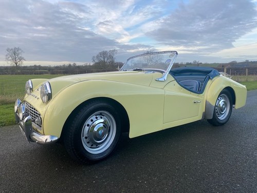 1959 Triumph TR3A in Primrose Yellow with Royal Blue leather SOLD