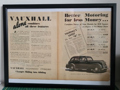 1967 Original 1938 Vauxhall Framed Advert For Sale