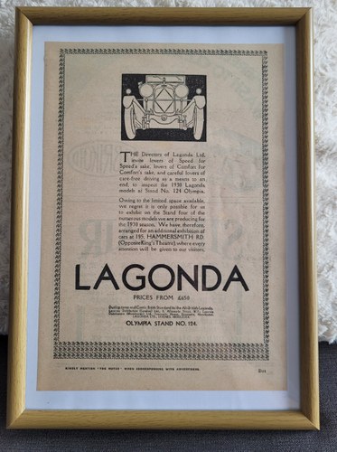 1967 Original 1929 Lagonda Framed Advert For Sale