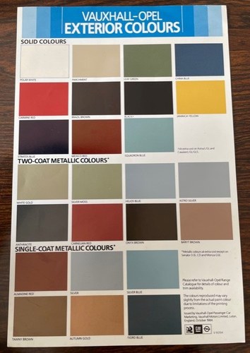 Vauxhall Opel UK Market Colour Chart For Sale