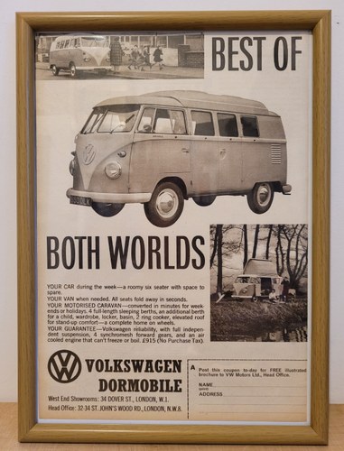 1988 Original 1962 Volkswagen Campervan Framed Advert For Sale