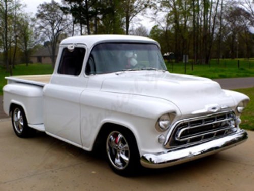 1957 Chevy Pickup Truck = Custom White Ghost Flames $59.5k For Sale
