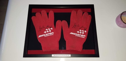 1990 McLaren pit crew gloves signed by Ayrton Senn For Sale