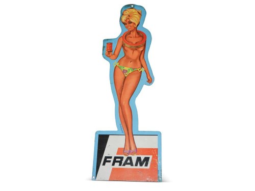 "Fram" Filters Pin-Up Girl Metal Sign For Sale by Auction
