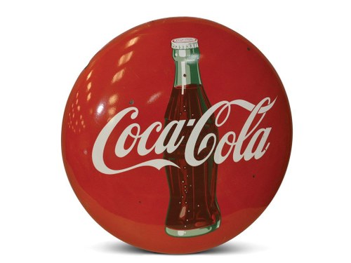 Coca-Cola with Bottle Button Porcelain Sign In vendita all'asta